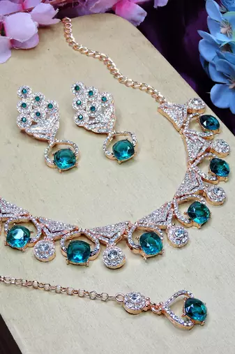 Green rose gold premium designer american diamond and stone work necklace set