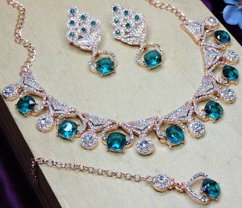Green rose gold premium designer american diamond and stone work necklace set 3