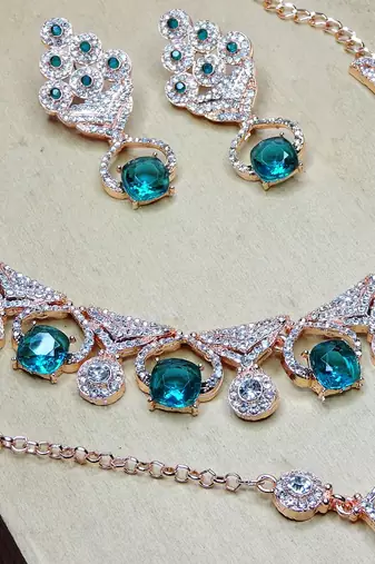 Green rose gold premium designer american diamond and stone work necklace set