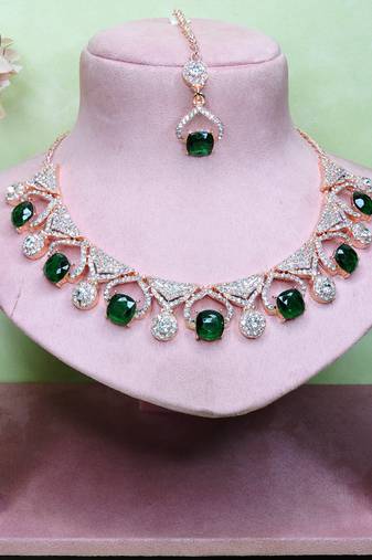 Green rose gold premium designer american diamond and stone work necklace set