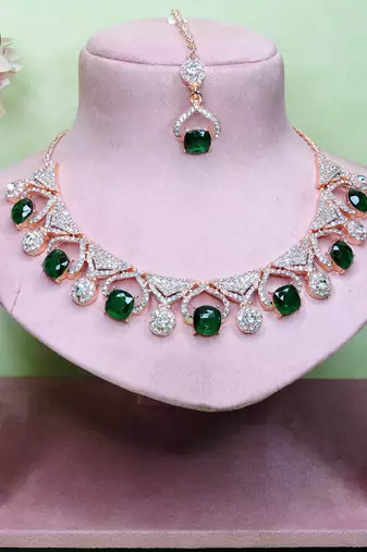 Green rose gold premium designer american diamond and stone work necklace set