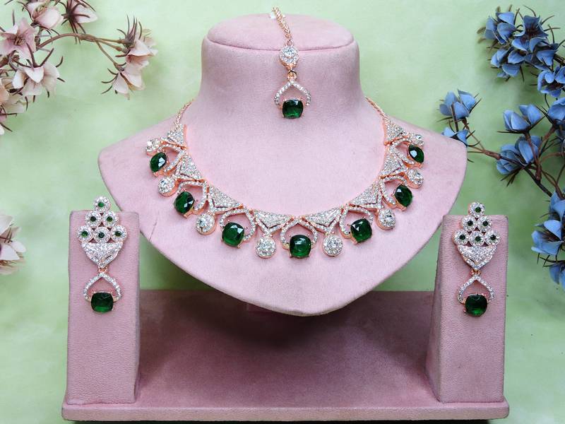 Green rose gold premium designer american diamond and stone work necklace set