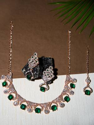 Green rose gold premium designer american diamond and stone work necklace set 2