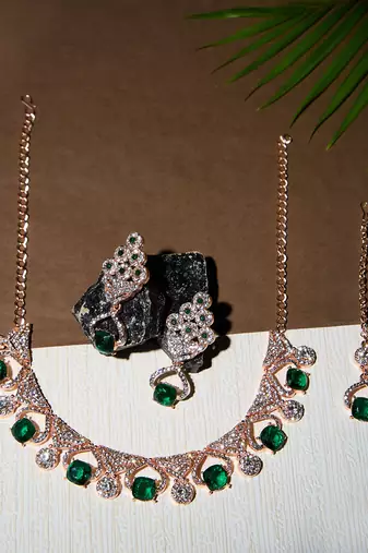 Green rose gold premium designer american diamond and stone work necklace set