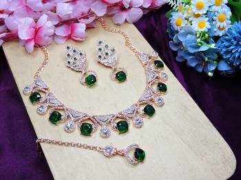 Green rose gold premium designer american diamond and stone work necklace set 3