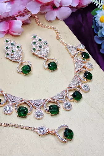 Green rose gold premium designer american diamond and stone work necklace set