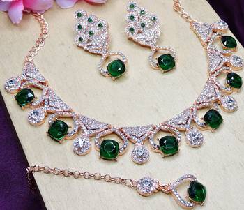 Green rose gold premium designer american diamond and stone work necklace set 4