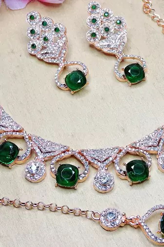 Green rose gold premium designer american diamond and stone work necklace set