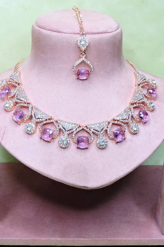 Purple rose gold premium designer american diamond and stone work necklace set