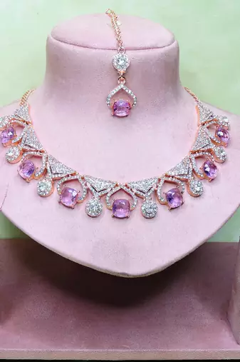 Purple rose gold premium designer american diamond and stone work necklace set
