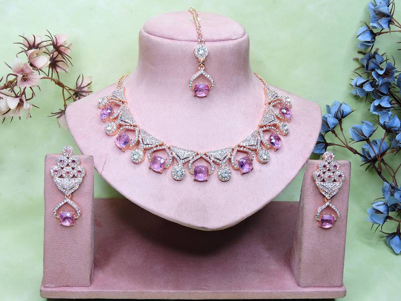 Purple rose gold premium designer american diamond and stone work necklace set