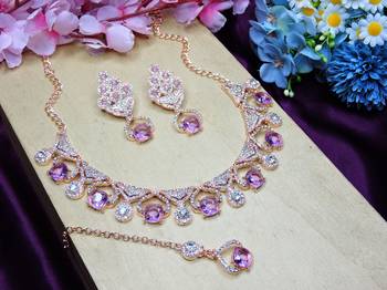 Purple rose gold premium designer american diamond and stone work necklace set 2