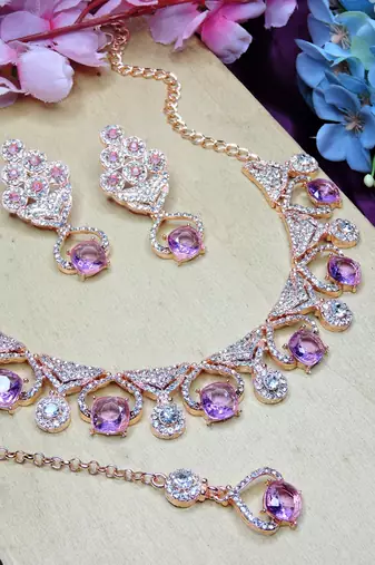Purple rose gold premium designer american diamond and stone work necklace set