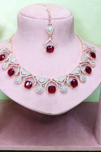 Maroon rose gold premium designer american diamond and stone work necklace set