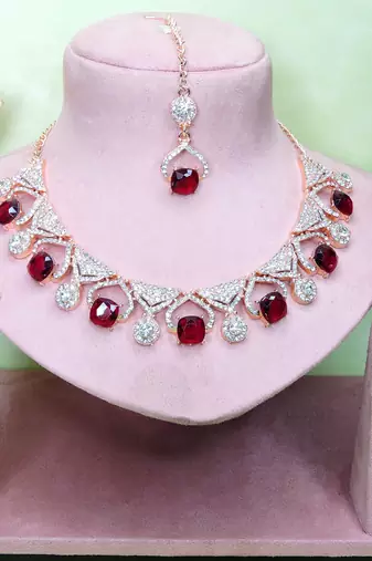 Maroon rose gold premium designer american diamond and stone work necklace set