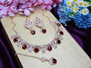 Maroon rose gold premium designer american diamond and stone work necklace set 2