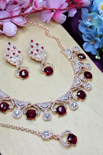 Maroon rose gold premium designer american diamond and stone work necklace set