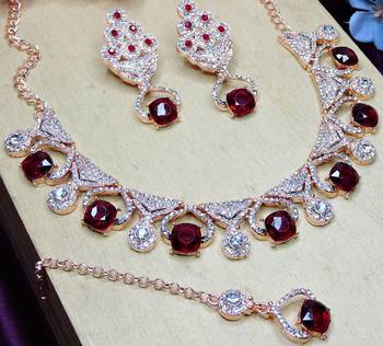 Maroon rose gold premium designer american diamond and stone work necklace set 3