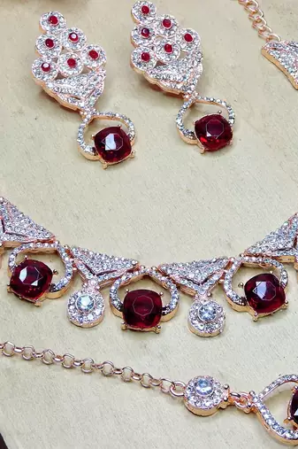 Maroon rose gold premium designer american diamond and stone work necklace set