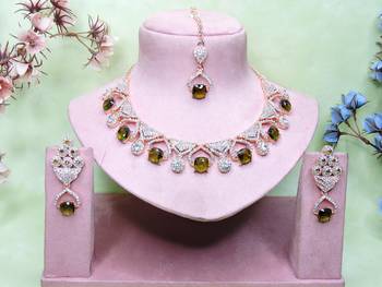 Green rose gold premium designer american diamond and stone work necklace set 1