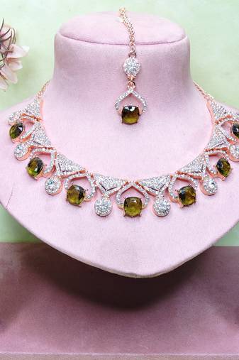 Green rose gold premium designer american diamond and stone work necklace set
