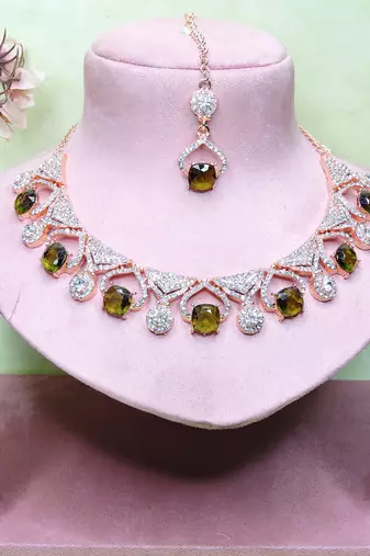Green rose gold premium designer american diamond and stone work necklace set