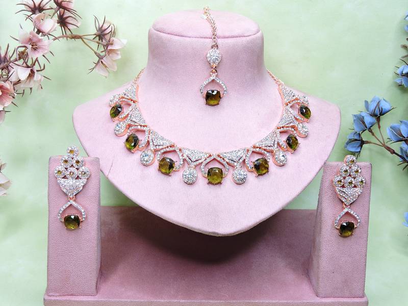 Green rose gold premium designer american diamond and stone work necklace set
