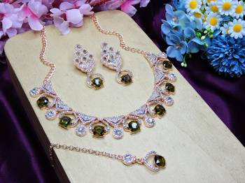 Green rose gold premium designer american diamond and stone work necklace set 2