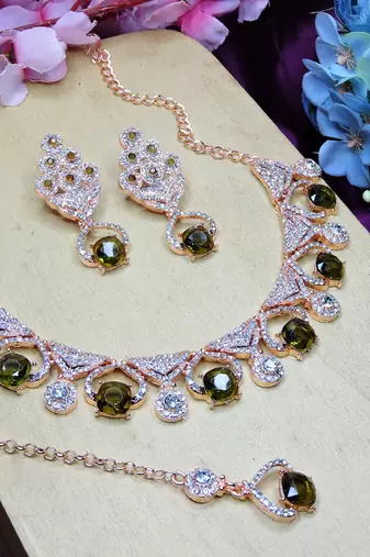 Green rose gold premium designer american diamond and stone work necklace set