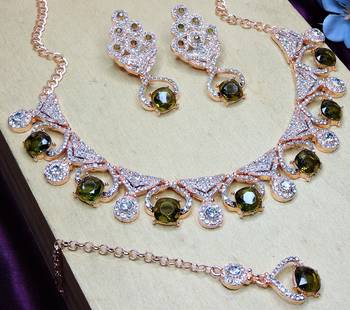 Green rose gold premium designer american diamond and stone work necklace set 3