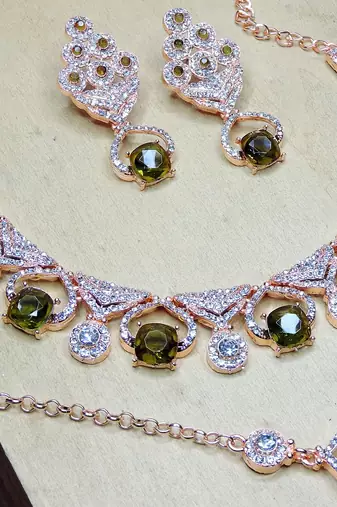 Green rose gold premium designer american diamond and stone work necklace set