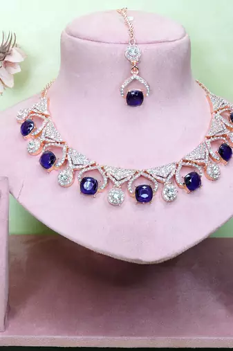 Blue rose gold premium designer american diamond and stone work necklace set