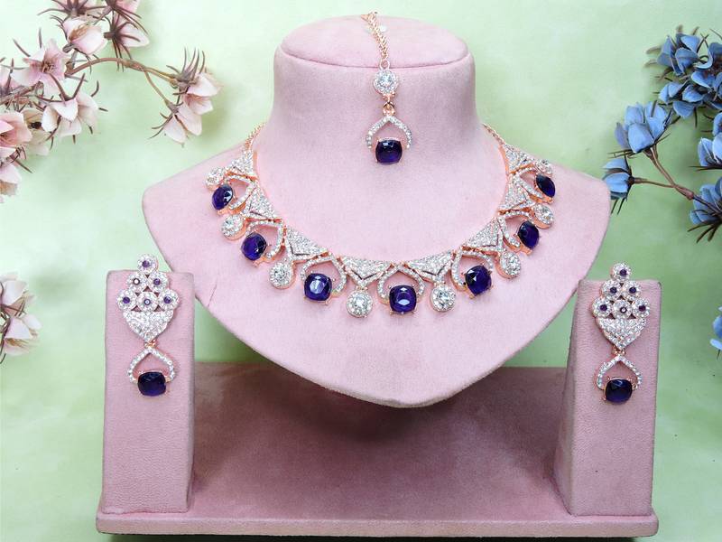 Blue rose gold premium designer american diamond and stone work necklace set