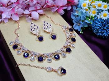 Blue rose gold premium designer american diamond and stone work necklace set 2