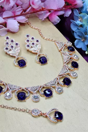 Blue rose gold premium designer american diamond and stone work necklace set