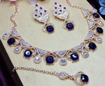 Blue rose gold premium designer american diamond and stone work necklace set 3