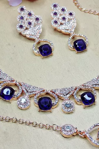 Blue rose gold premium designer american diamond and stone work necklace set