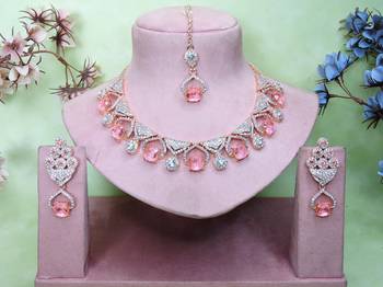 Pink rose gold premium designer american diamond and stone work necklace set 1