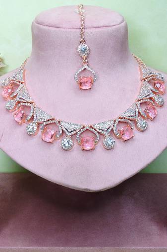 Pink rose gold premium designer american diamond and stone work necklace set