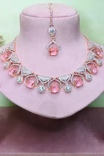 Pink rose gold premium designer american diamond and stone work necklace set