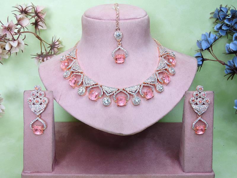 Pink rose gold premium designer american diamond and stone work necklace set