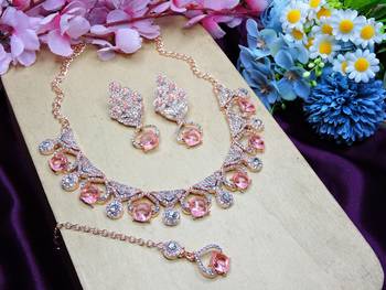 Pink rose gold premium designer american diamond and stone work necklace set 2