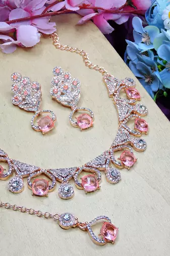 Pink rose gold premium designer american diamond and stone work necklace set