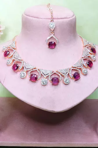 Purple rose gold premium designer american diamond and stone work necklace set