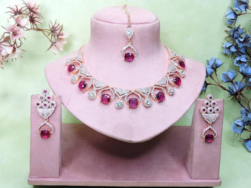 Purple rose gold premium designer american diamond and stone work necklace set