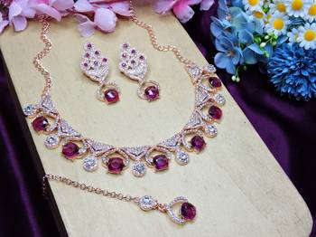 Purple rose gold premium designer american diamond and stone work necklace set 2