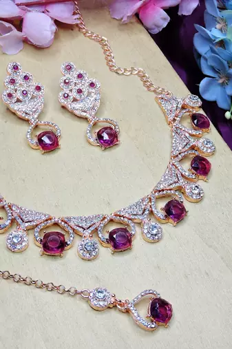 Purple rose gold premium designer american diamond and stone work necklace set