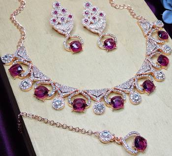 Purple rose gold premium designer american diamond and stone work necklace set 3