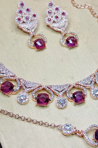 Purple rose gold premium designer american diamond and stone work necklace set