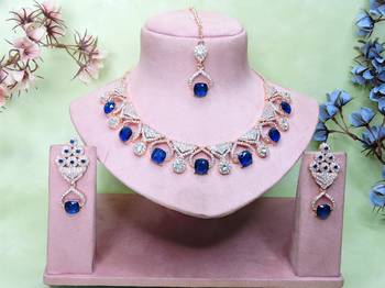 Blue rose gold premium designer american diamond and stone work necklace set 1